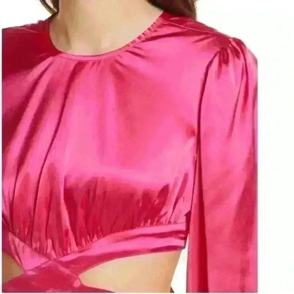 Rahi Cierra Dress Women's small  Fuchsia Satin Midi Cutout Balloon Sleeve new - Picture 3 of 6